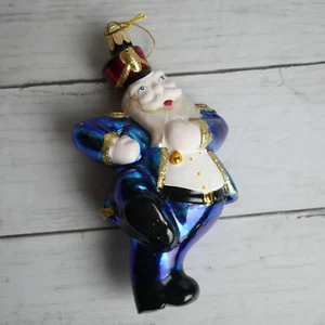 Vintage Handcrafted Marching Santa Claus in Blue Outfit Glass Christmas Ornament - Picture 1 of 5