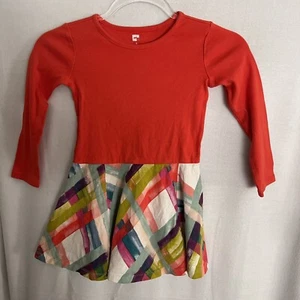 Tea Collection Skirted Dress Girls 5 Long Sleeve Orange Geometric - Picture 1 of 4