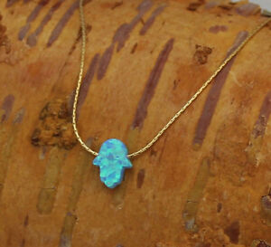 Handmade Hamsa opal Choker blue small Fatima Hand charm pendant 14K gold filled