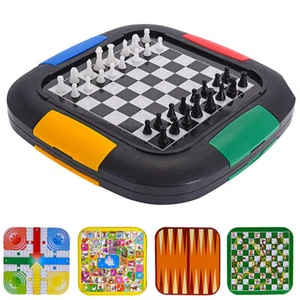 5-in-1 Spielset Schach Backgammon Ludo mit Spielfiguren Würfel Spielbrett bunt - Bild 1 von 3