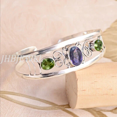 Faceted Peridot & Amethyst Cut Gemstone 925 Sterling Silver Fashion Cuff Bangle - Image 1 of 4