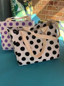 Two [2] Cute Mini Reusable Polka Dot Canvas Tote Bags Purple Black - Foto 1 di 4