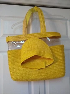 NEW Yellow Pure Natural Fiber Beach Bag with Matching Visor Hat Handcrafted - Picture 1 of 2