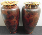 INDONESIAN LOMBOK TERRACOTTA & WOVEN RATTAN VASE HAND MADE PAINTED X 2