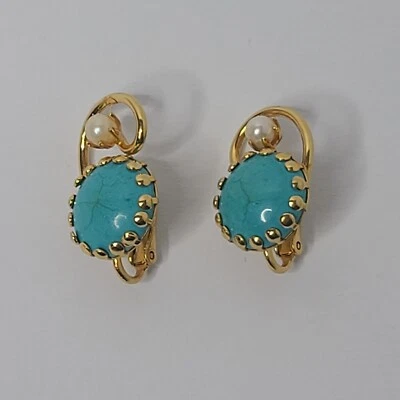 Rare STAR Signed Vintage Faux Turquoise & Pearl Gold Toned Clip On Earrings 1" - Image 1 of 2