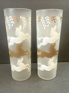 Set 2 Vintage Libbey Frosted Glasses Cavalcade Gold White Horses Tom Collins MCM - Picture 1 of 7