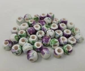 50 VTG Purple White Painted Floral Flower 10mm Round Ceramic Craft Jewelry Beads - Picture 1 of 2