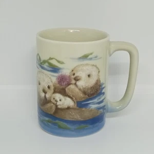 Vintage OTAGIRI Sea Otter Otters w/ Baby, Urchin, Kelp Ceramic Coffee Mug Japan - Picture 1 of 8