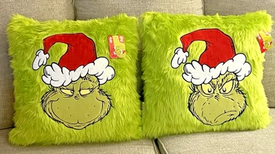 RUZ Dr. Suess Faux Fur Grinch Pillows 2-Faces 18x18 Velvet Santa Hat (Set of 2) - Image 1 of 4