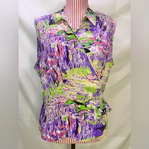 Colorful Artsy Blouse Purple Neon Green Paint Splatter Abstract Wrap Top Sz XL - Picture 1 of 9