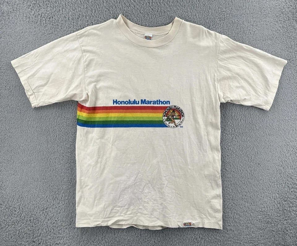 Camisa masculina ponto único vintage louca feita nos EUA grande maratona de Honolulu - Imagem 1 de 4