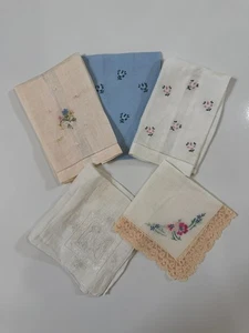 Vintage Handkerchief Lot of 5 – Embroidered Floral Lace Cotton Hankies - Picture 1 of 18