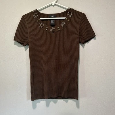 Top vintage Y2K para mujer pequeño marrón con cuentas tejido elástico acanalado tonos tierra años 90 Foto 1 de 4