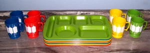 Set of 8 Melamine Divided Trays with Matching Mugs MCM Blue, Yellow, Red, Green - Picture 1 of 7