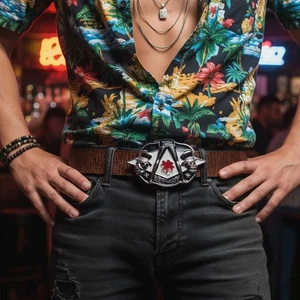 Uomo Donna Cintura Fibbia Metallo Argento Teschio Scheletro Apmany Colver Foglia - Foto 1 di 16