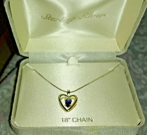 WOMEN'S STERLING SILVER HEART WITH BLUE INSET PENDANT 18'' CHAIN NECKLACE - Picture 1 of 5