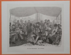 Auf einem Rheindampfer Schifffahrt Reise original Holzstich 1880 B. Gautier - Picture 1 of 2