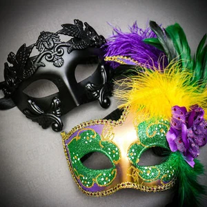 Venetian Warrior Black with Mardi Gras Green Glitter Purple Feather Couple Mask - Picture 1 of 5
