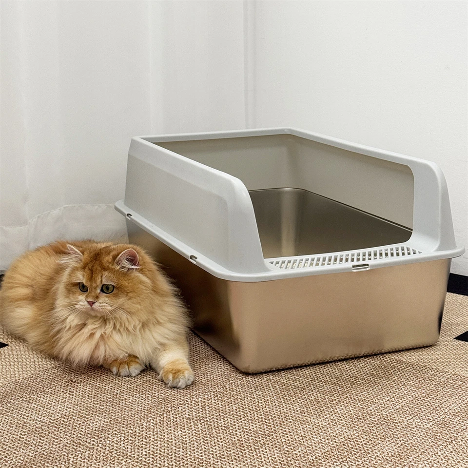 BINGO PAW Stainless Steel Litter Box Semi open High Sided Metal Cat Litter Tray Easy Clean