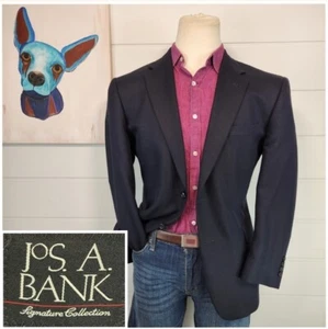 Jos A Bank Mens Signature 2 Button Blazer Navy Blue Herring Bone Silk Blend 42S - Picture 1 of 13