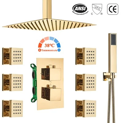 Gold Thermostat Unterputz Duscharmatur set 20x20cm Regendusche Massage Dusche - Bild 1 von 4