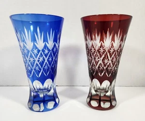 Cut Crystal Glass Tumbler Pair Red & Cobalt Blue Japanese or Bohemian - Picture 1 of 4