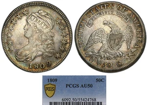 1809 50C CAPPED BUST PCGS AU50 ~ EXCEPTIONAL LUSTER & NICE COLOR! - Picture 1 of 5