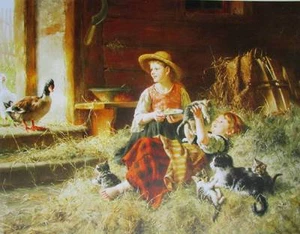 Children in Barn with Kittens and Ducks by Charles Burton Barber vintage art - Picture 1 of 1