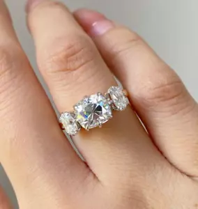 East West Old Mine Elongated Cushion Cut Moissanite Three Stone Ring In 14k Gold - Picture 1 of 4