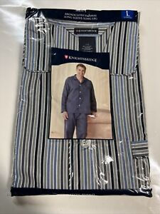 Vtg. KNIGHTSBRIDGE Men's L Blue Stripe Long Sleeve Cotton Blend Pajama Set NWT