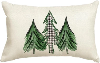 Watercolor Christmas Tree Throw Pillow Cover, Buffalo Plaid Cushion Case - Image 1 of 4
