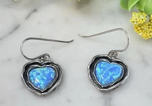 Shablool Didae Israel Sterling Silver 925 Blue Opal Hearts Hook Dangle Earrings - Picture 1 of 9