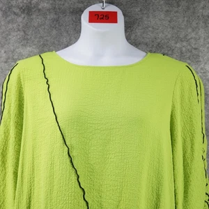 Ali Miles Tunic Top Womens 1X Green Black Trim Artsy Crinkle Drawstring Blouse - Picture 1 of 9