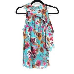 Fuzzi Neckholder-Bluse zum Binden Damen Gr. XS blau Stiefmütterchen Blumenmuster Mesh - Bild 1 von 5