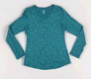 SEG'MENTS Small 100% Merino Wool Tee Green Leaf Pattern Knit Base Layer V-Neck - Picture 1 of 10