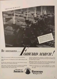 Anuncio impreso vintage de American Railroad 1943 en tiempos de guerra, avanzando - Imagen 1 de 1