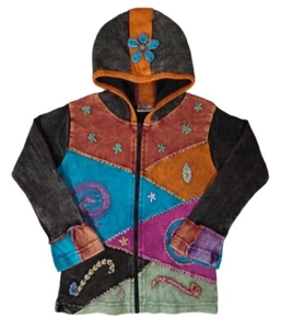 Boho Hippie Patchwork Zip Up Hooded Jacket 100% Cotton Girls Size Large - Picture 1 of 12