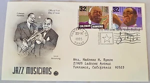LOUIS ARMSTRONG & COLEMAN HAWKINS JAZZ MUSICIANS 1995 FIRST DAY COVER  - Picture 1 of 3