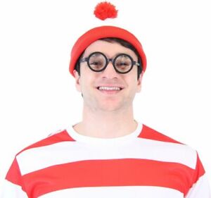 Adult Where's Waldo Costume Set Striped T-shirt Beanie Hat Glasses Fancy Outfit