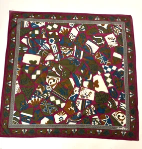 Vintage Ginnie Johansen 100% Cotton Wine, Green and Blue Printed Scarf - Picture 1 of 3