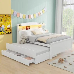 Full Size Platform Bed with Storage LED Headboard, Twin Size Trundle and 3 Drawe - Picture 1 of 12