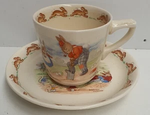 Royal Doulton Bunnykins Casino Cup & Saucer Gardening Cycling and See-Saw c1950s - Picture 1 of 10