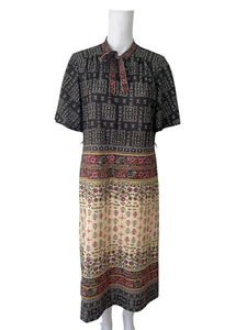 JEANNIE Kaftan Dress Size Medium 14 Brown Floral Tie Neck Zip Vintage Women EU42 - Picture 1 of 10