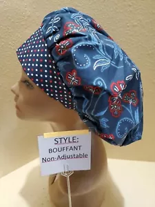 Flowers (red/white/blue) Women's Bouffant Surgical Scrub Hat/Cap Handmade - Picture 1 of 5