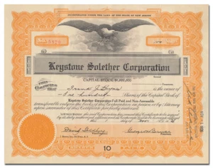 Keystone Solether Corporation Stock Certificate (Shoe Rubber, New Jersey, 1926) - Picture 1 of 2