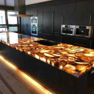 Yellow Agate Kitchen Countertop, Agate Vanity Slab, Modern Agate Furniture Decor - Picture 1 of 13