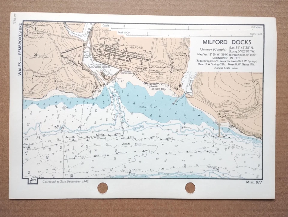 Milford Docks, Wales - 1943 Vintage Admiralty Royal Navy Map (Seller Ref B3) - Image 1 of 1