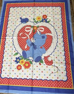 Vintage Blue Bear Quilting Panel Fabric Floral Blue Birds 70s Orange Red Yellow - Picture 1 of 4