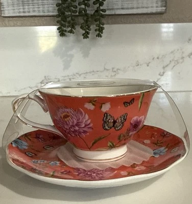 Grace Teaware Orange Floral Butterfly Tea Cup & Saucer Set - Image 1 of 4