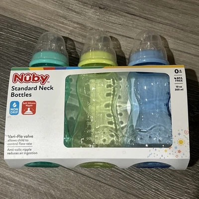 Nuby Non-Drip Standard Neck Bottles 10 oz. 3-Pack Vari-Flo Valve New - Image 1 of 2